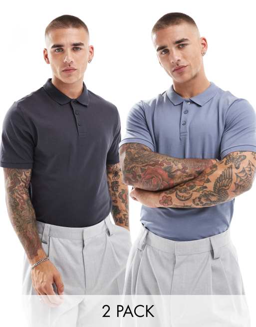 ASOS DESIGN 2 pack pique polo shirts in brown and navy ASOS