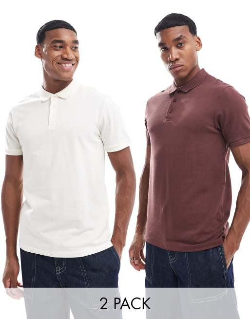 ASOS DESIGN 2 pack pique polos in cream and brown