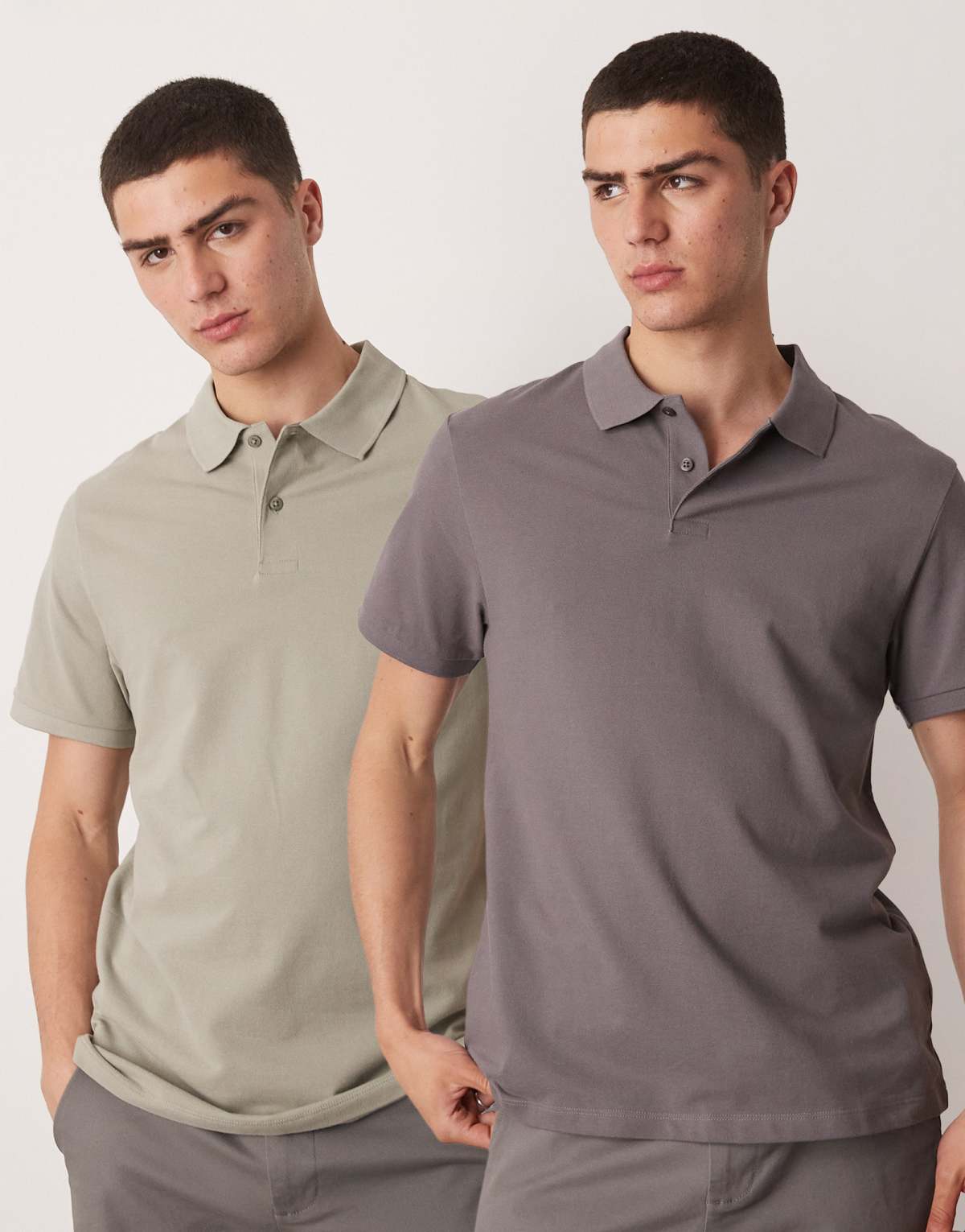 ASOS DESIGN 2 pack pique polos in khaki and charcoal