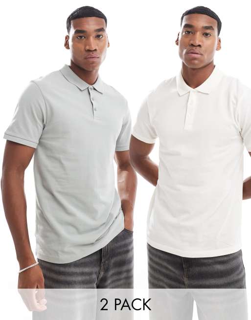 ASOS DESIGN 2 pack pique polos in washed green and cream