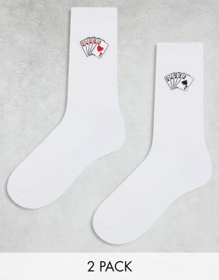 ASOS DESIGN 2 pack playing card embroidery socks in white