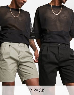 Asos Design 2 Pack Pleated Chino Shorts In Black And Khaki Save-multi