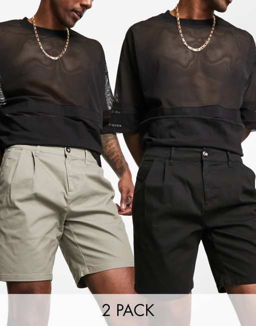 ASOS DESIGN 2 pack pleated chino shorts in mid length in black and khaki 