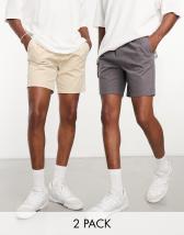 ASOS DESIGN 2 pack pleated chino shorts in mid length in charcoal and beige save 