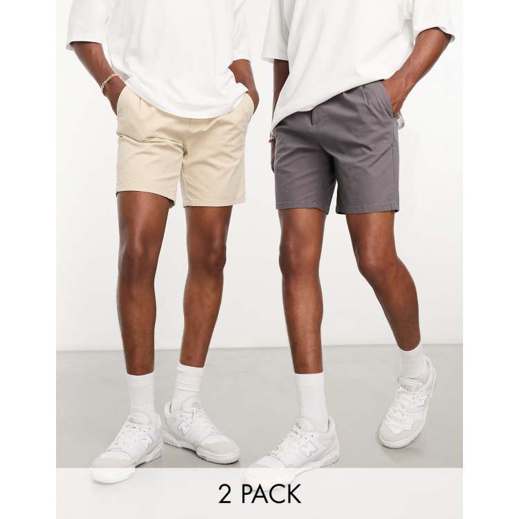 ASOS DESIGN 2 pack pleated chino shorts in mid length in charcoal