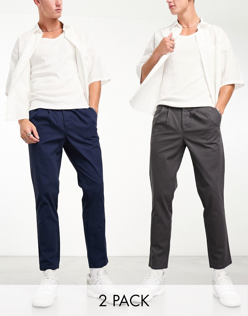 ASOS DESIGN 2 pack pleated chinos in navy/charcoal save-Multi
