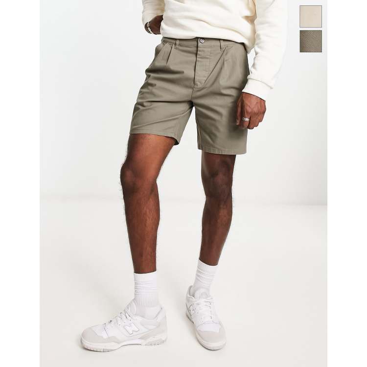 ASOS DESIGN pleated chino shorts in mid length in khaki