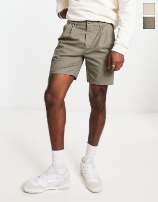 ASOS DESIGN pleated chino shorts in mid length in khaki