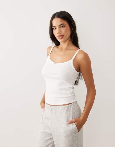 ASOS DESIGN 2 pack pointelle pyjama cami top with rosebud trim in white & grey - view 1