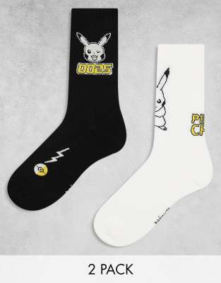 Asos Design 2 Pack Pokémon Socks With Pikachu Character In Black And White-multi