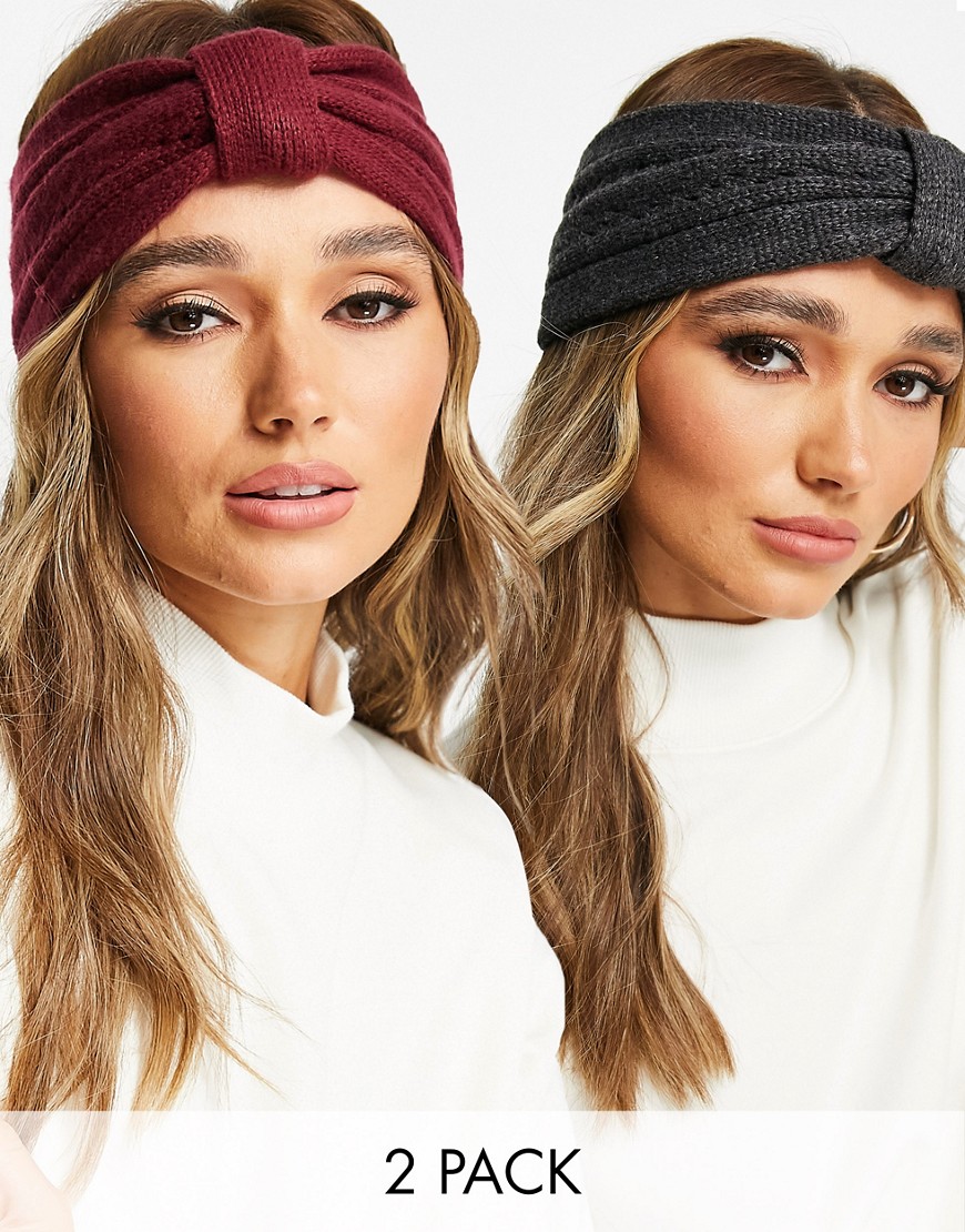 ASOS DESIGN 2 pack polyester front knot headband in burgundy and charcoal-Multi