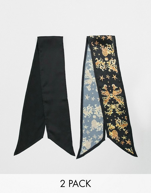 ASOS DESIGN 2 pack print and plain scarf in black