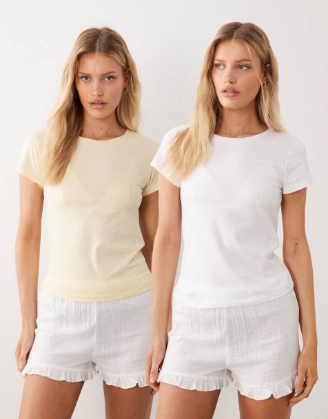 ASOS DESIGN 2 pack pyjama t-shirts in white & lemon - view 1