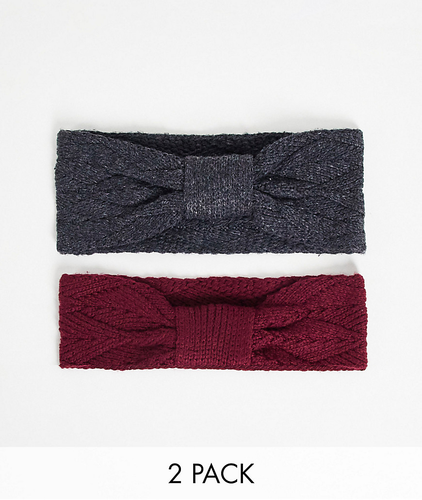 ASOS DESIGN 2 pack recycled polyester headband in burgundy and charcoal-Multi