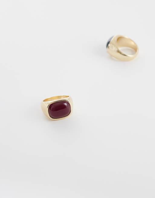 ASOS DESIGN 2 pack red and black natural shape stone signet ring in gold, 3 of 3