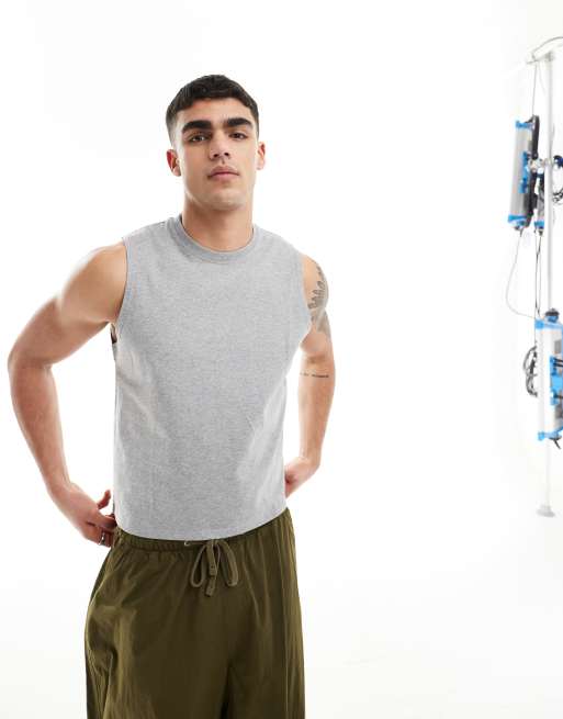 ASOS DESIGN 2 pack relaxed cropped singlet in khaki and grey marl 