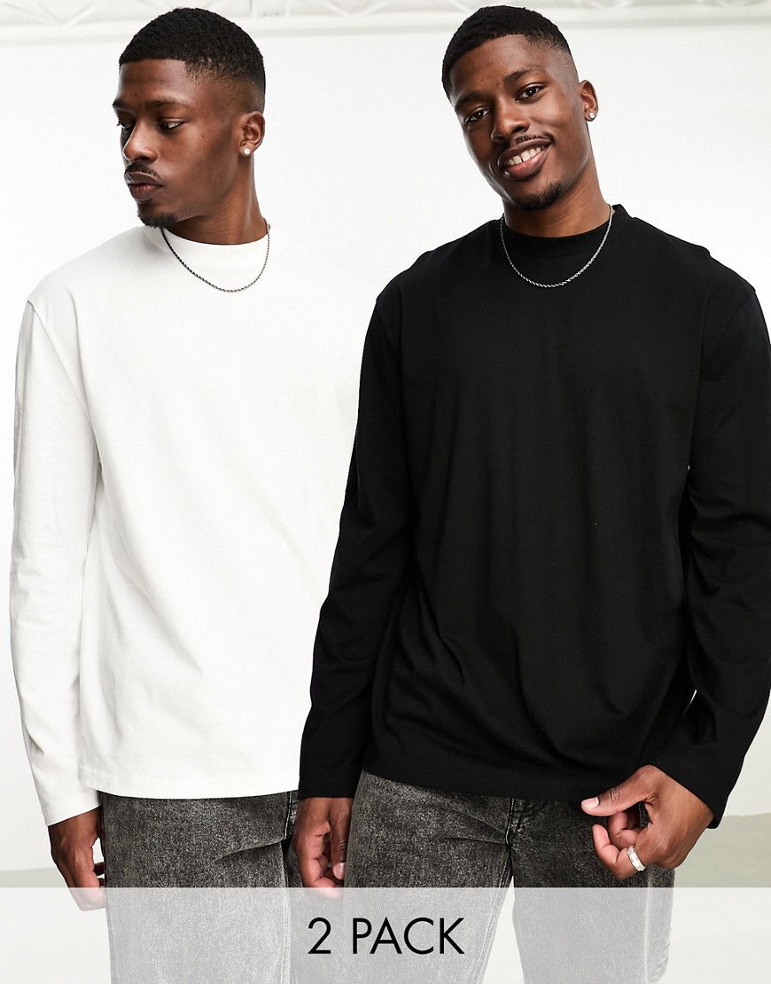 ASOS DESIGN 2 pack relaxed fit long sleeve t-shirts in white and black-Multi