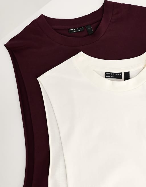 ASOS DESIGN 2 pack relaxed fit singlet with dropped armhole in ecru and burgundy, 4 of 4