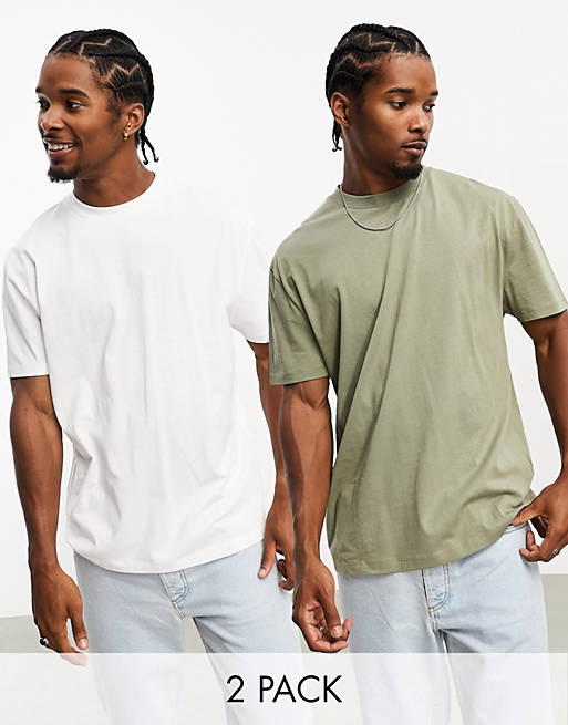 ASOS DESIGN 2 pack relaxed fit t-shirt in khaki and white | ASOS