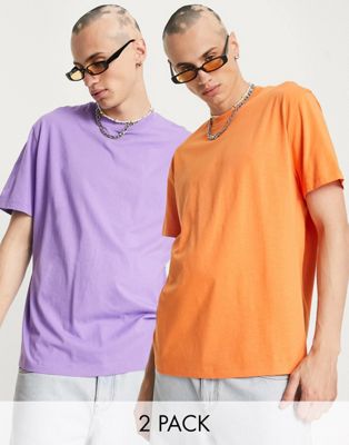 ASOS DESIGN 2 pack relaxed fit t-shirt with crew neck in orange and purple