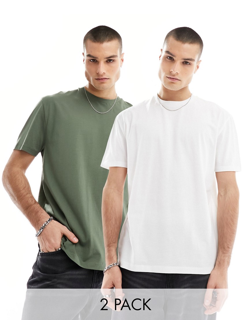 ASOS DESIGN 2 pack relaxed fit t-shirt in white and khaki-Multi