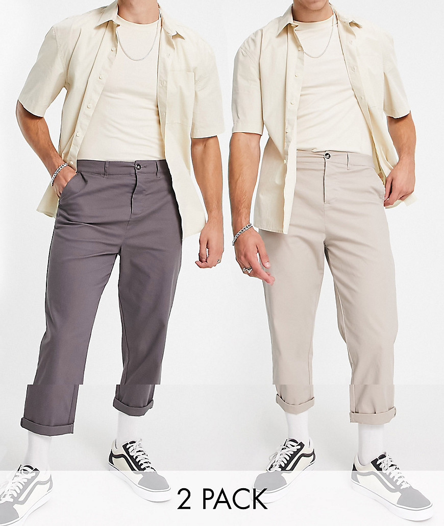 ASOS DESIGN 2 pack relaxed skater chinos in charcoal and beige save-Multi