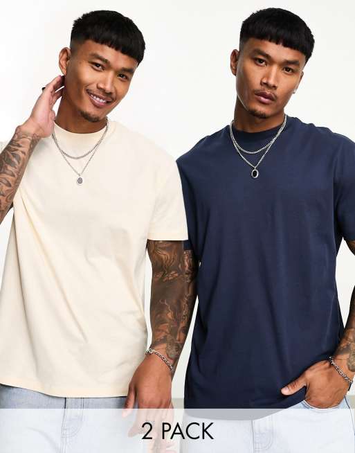 ASOS DESIGN 2 pack relaxed t-shirt with  in ecru and navy