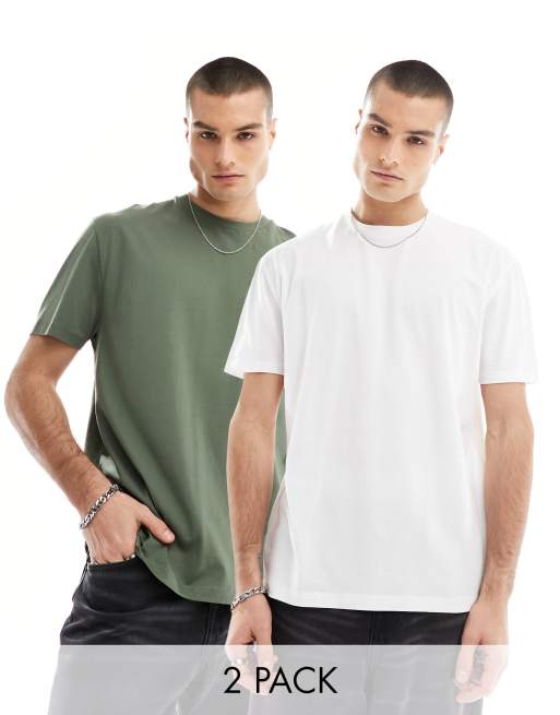 ASOS DESIGN 2 pack relaxed t-shirts in white and khaki