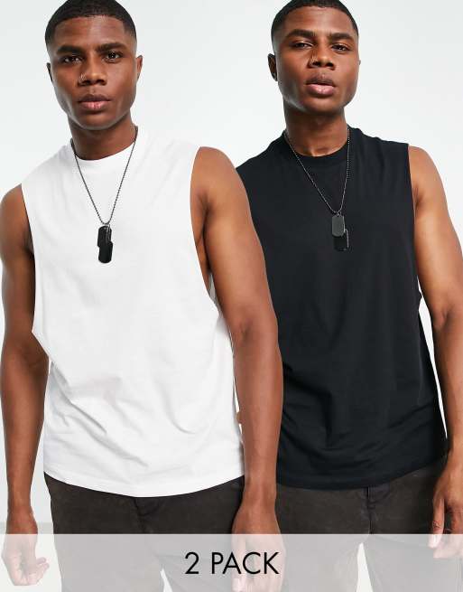 ASOS DESIGN 2 pack relaxed vest with dropped armholes in black and white