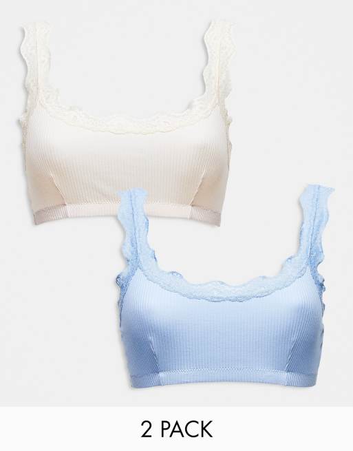 ASOS DESIGN 2 pack rib and lace crop bralet in blue & pink