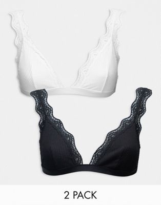 ASOS DESIGN 2 pack rib and lace triangle bra in black & white