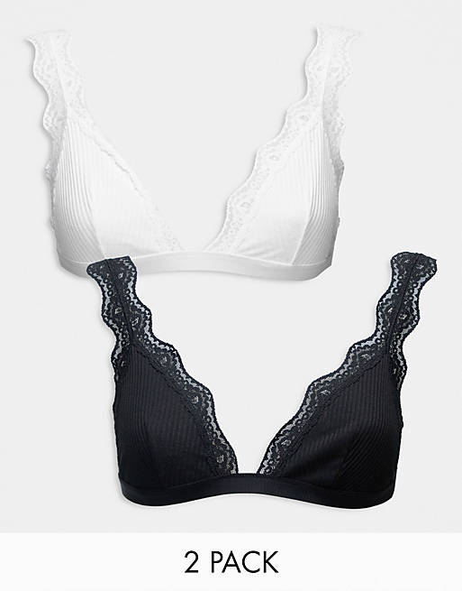 ASOS DESIGN 2 pack rib and lace triangle bra in black & white | ASOS