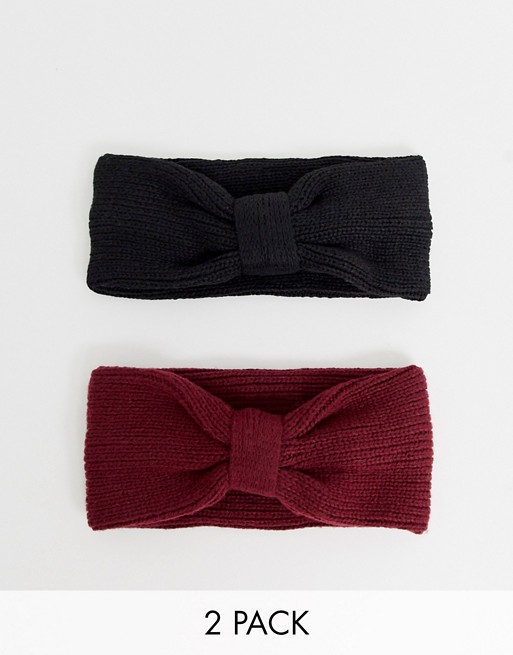 ASOS DESIGN 2 pack rib headband in recycled polyester in black & burgundy