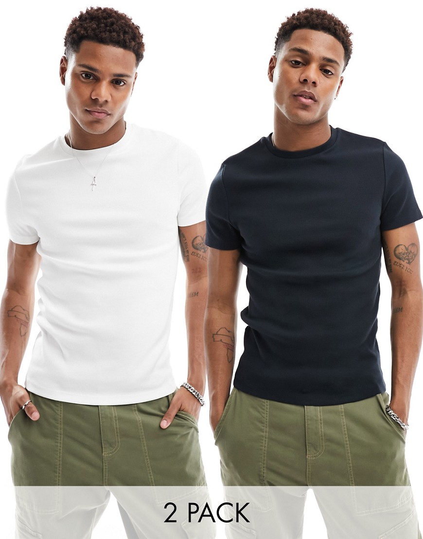 ASOS DESIGN 2 pack rib muscle fit t-shirt in black and white-Multi
