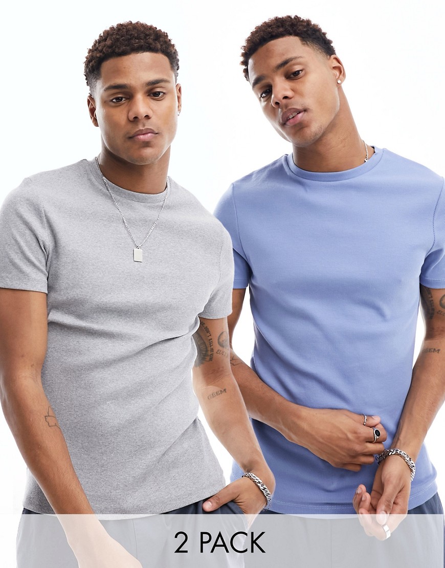 ASOS DESIGN 2 pack rib muscle fit t-shirt in grey marl and blue-Multi