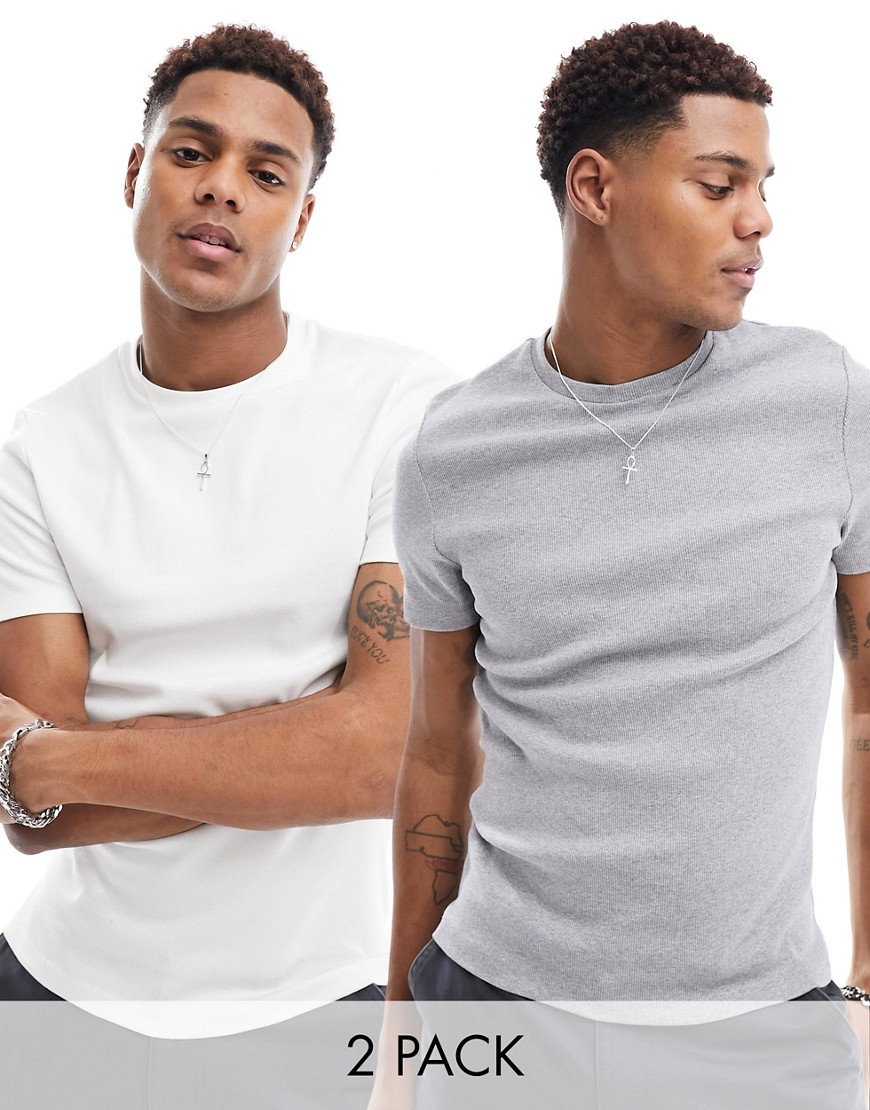 ASOS DESIGN 2 pack rib muscle fit t-shirt in grey marl and white-Multi