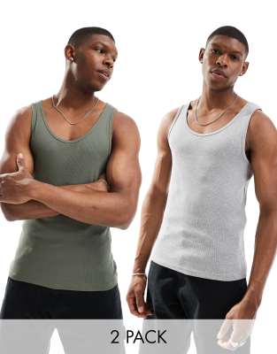 ASOS DESIGN 2 pack rib vests in khaki and grey marl-Multi