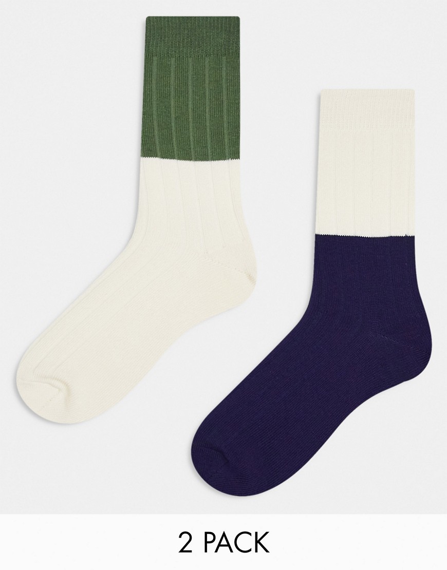 Asos Design 2 Pack Ribbed Socks In Navy And Green Color Block-multi
