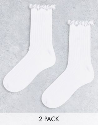 ASOS DESIGN 2 pack ribbed socks with frill in white