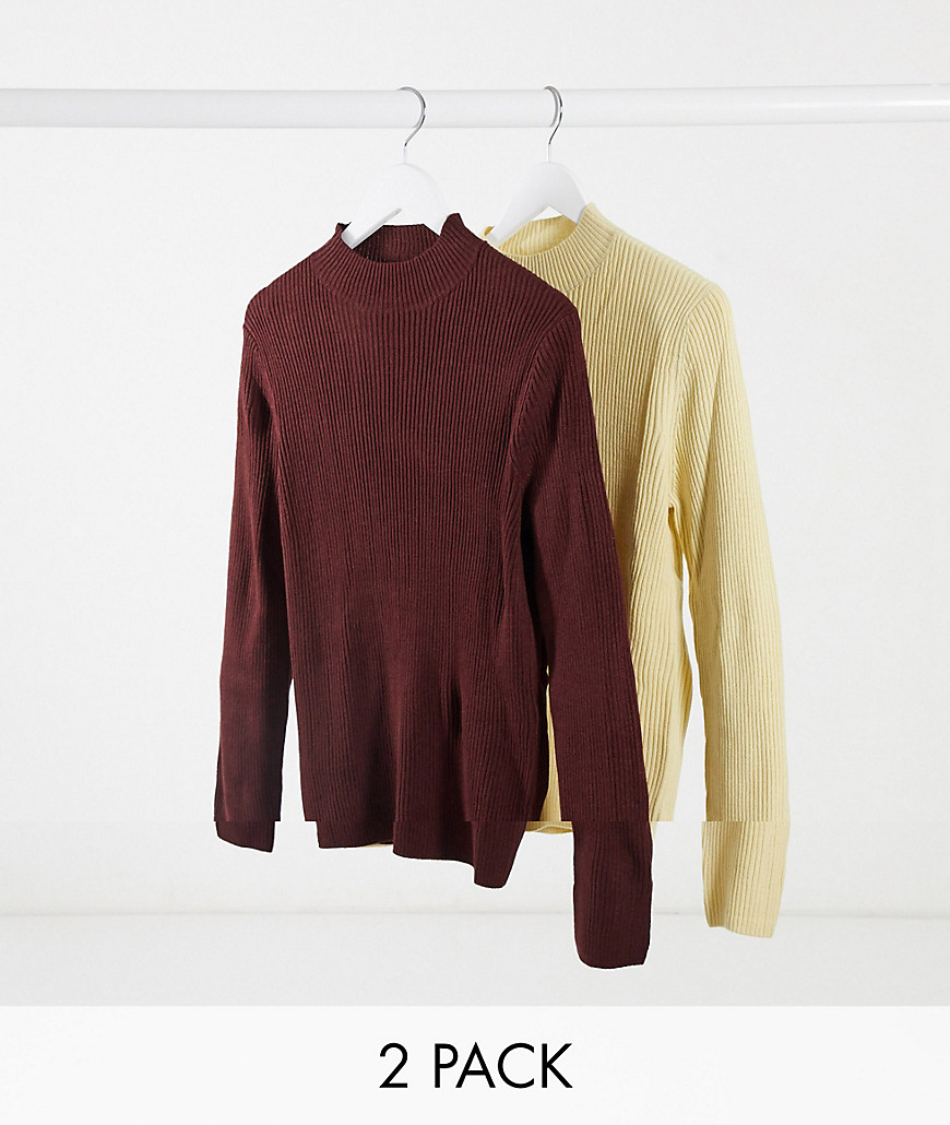 ASOS DESIGN – 2-pack ribbstickade tröjor med halvpolokrage i grått och vinrött – SPARA-Flerfärgad