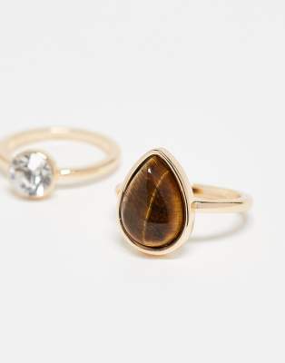 Asos Design 2-pack Rings With Real Tigers Eye Stone In Gold