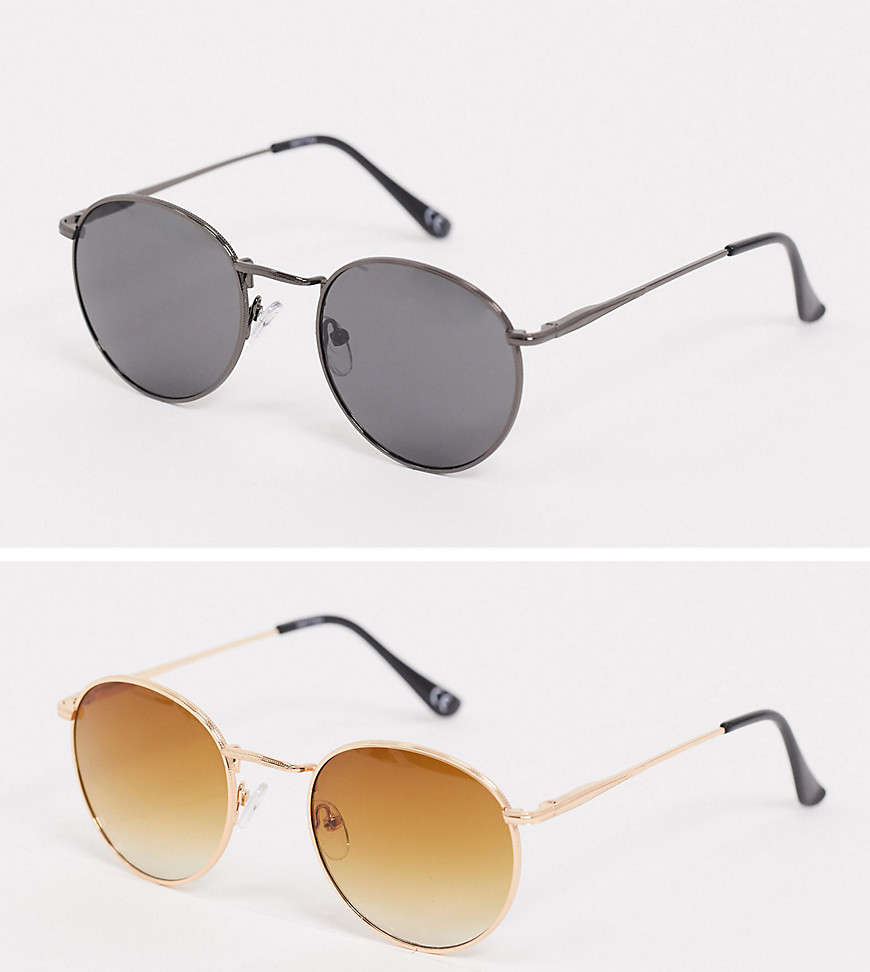 ASOS DESIGN 2 pack round sunglasses in black and gold SAVE-Multi