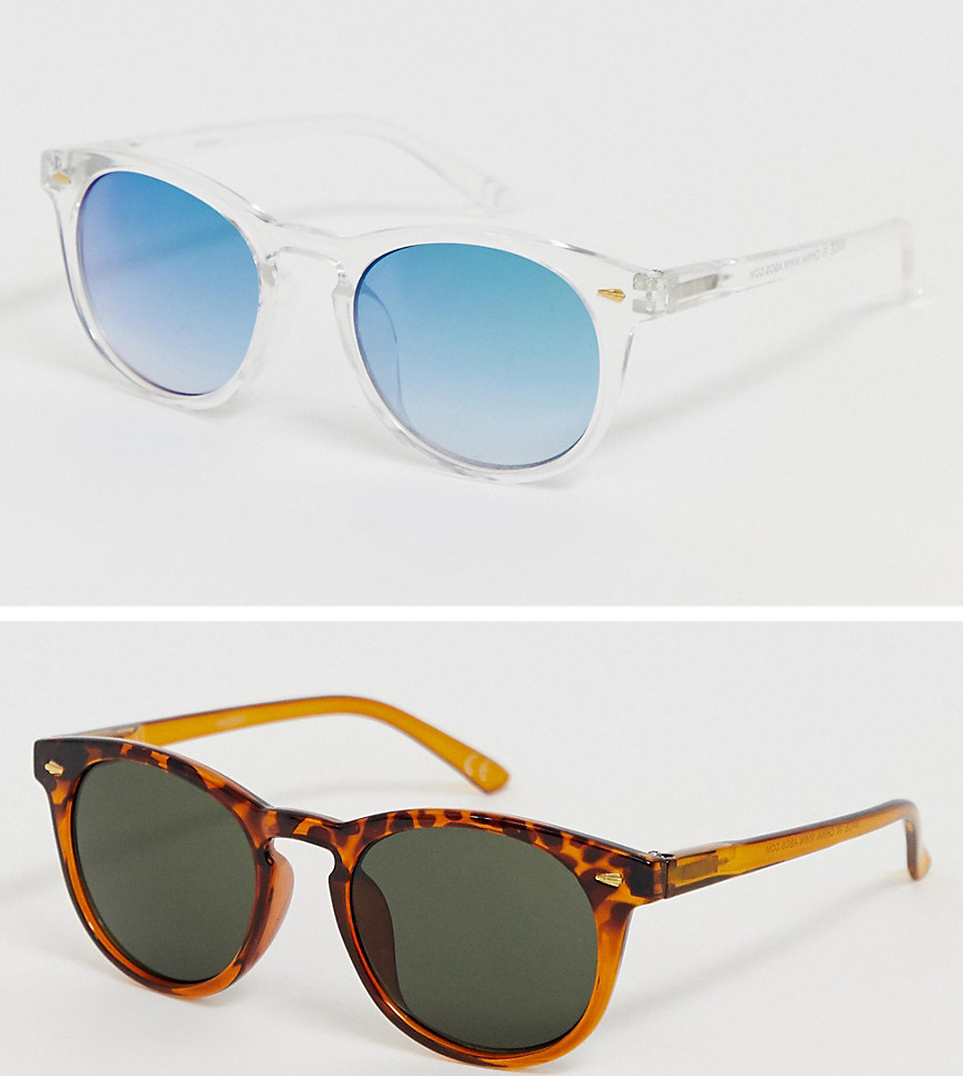 ASOS DESIGN 2 pack round sunglasses in tortoiseshell and blue mirror SAVE-Multi