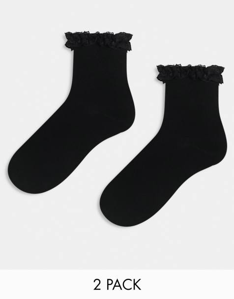 ASOS DESIGN 2-pack ruffle top socks in black - view 1