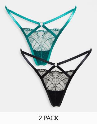 ASOS DESIGN 2 pack Saskia embroidered strappy thong in black & forest green