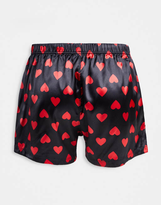 ASOS DESIGN 2 pack satin boxers with heart print