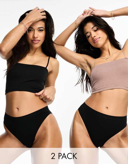 ASOS DESIGN 2 pack seamless longline bandeau bras in mink and black