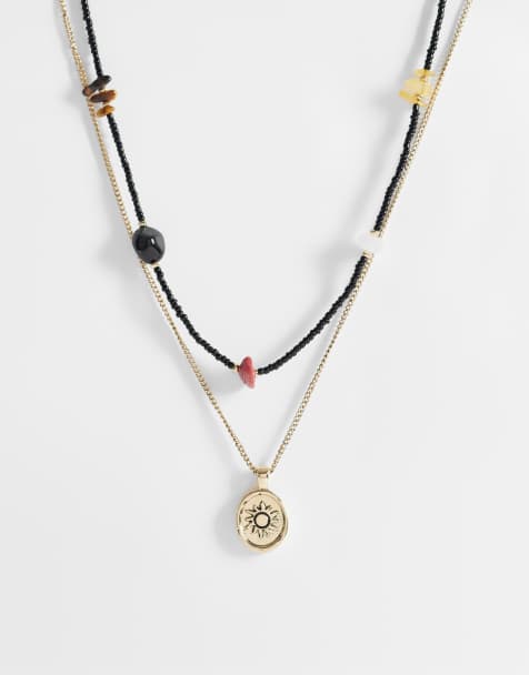 ASOS DESIGN 2 pack seedbead and semi-precious stone necklace with sun coin pendant in gold - view 1