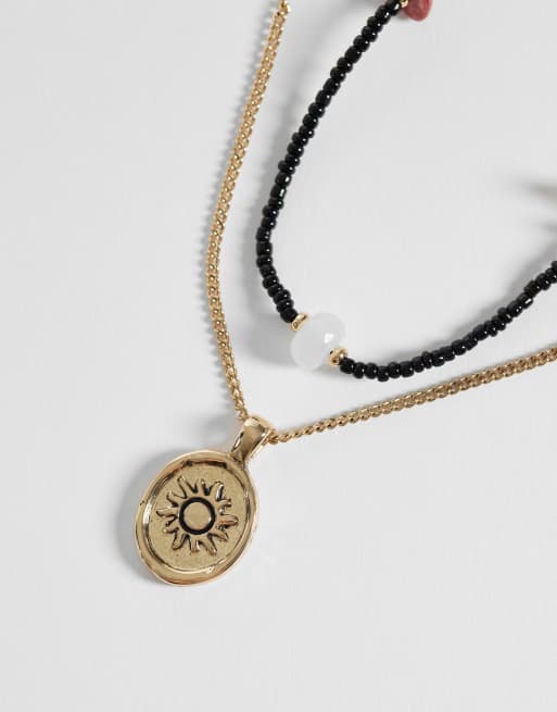 ASOS DESIGN 2 pack seedbead and semi-precious stone necklace with sun coin pendant in gold, 4 of 4
