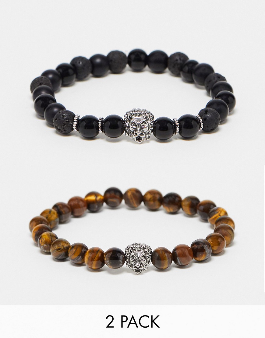 ASOS DESIGN 2 pack semi-precious beaded bracelets with metal charm beads in black and brown-Multi